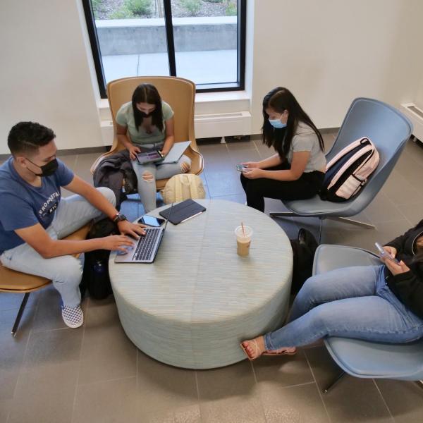 Students hang out in the new Rustandy Building during fall 2021's first day of classes at CU Boulder. (Photo by Casey A. Cass/University of Colorado)