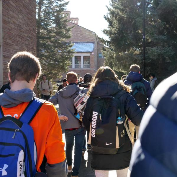 People on campus between classes on the first day back from winter break. Photo by Patrick Campbell.