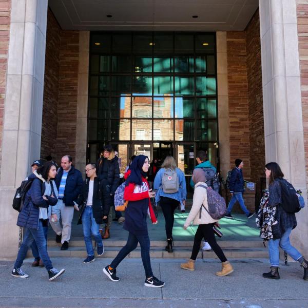People on campus between classes on the first day back from winter break. Photo by Patrick Campbell.