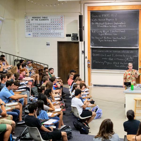 Students attending class on the first day of the fall 2019 semester. (Photo by Patrick Campbell/University of Colorado)