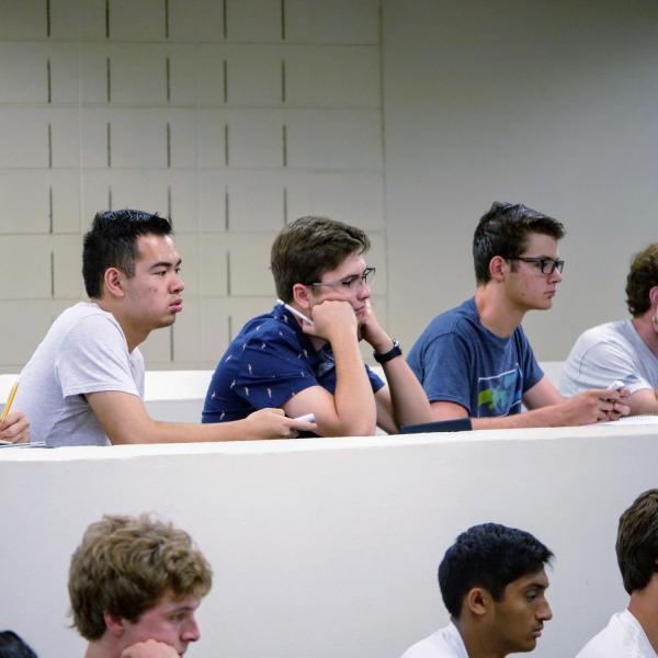 Students attending class on the first day of the fall 2019 semester. (Photo by Patrick Campbell/University of Colorado)