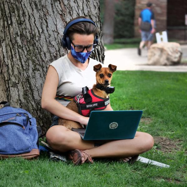 A student studies with her K-9 buddy during the first week of classes in the midst of the COVID-19 pandemic at CU Boulder. (Photo by Casey A. Cass/University of Colorado)