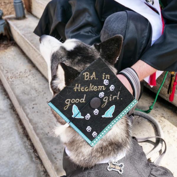 Michael Hasenkamp, a mathematics and computer science degree graduate, poses on the front steps of Old Main with his dog, Luna Lovegood. (Photo by Glenn Asakawa/University of Colorado)