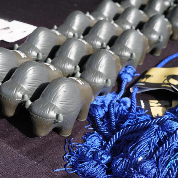 Graduating students get schwag as part of Grad Appreciation Days.