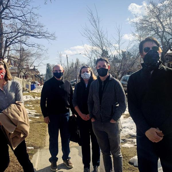 Callie Weiant, a Hill Revitalization Working Group member, Philip DiStefano, Lisa Nelson, leader of HRWG, Pat O’Rourke, and Andrew Shoemaker, former Boulder City Council member and HRWG member.
