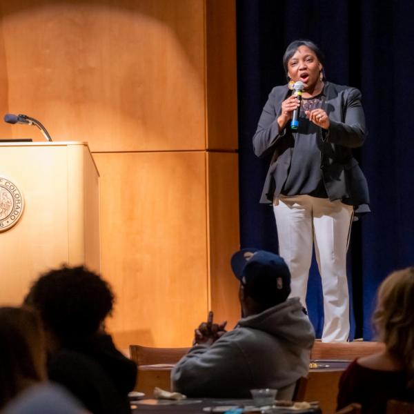 Scenes from a session titled “Empowerment Dinner 2020: Strength, Courage & Wisdom” at the CU Boulder 2020 Spring Diversity Summit. (Photo by Patrick Wine/University of Colorado)
