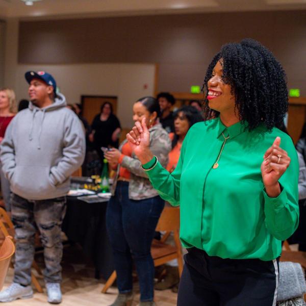 Scenes from a session titled “Empowerment Dinner 2020: Strength, Courage & Wisdom” at the CU Boulder 2020 Spring Diversity Summit. (Photo by Patrick Wine/University of Colorado)