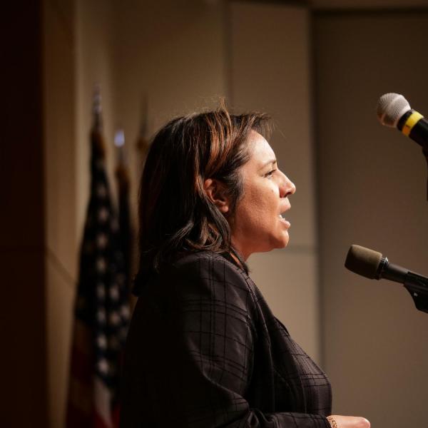 Christina Gonzales, vice chancellor for Student Affairs, speaks at the Veterans Day Ceremony