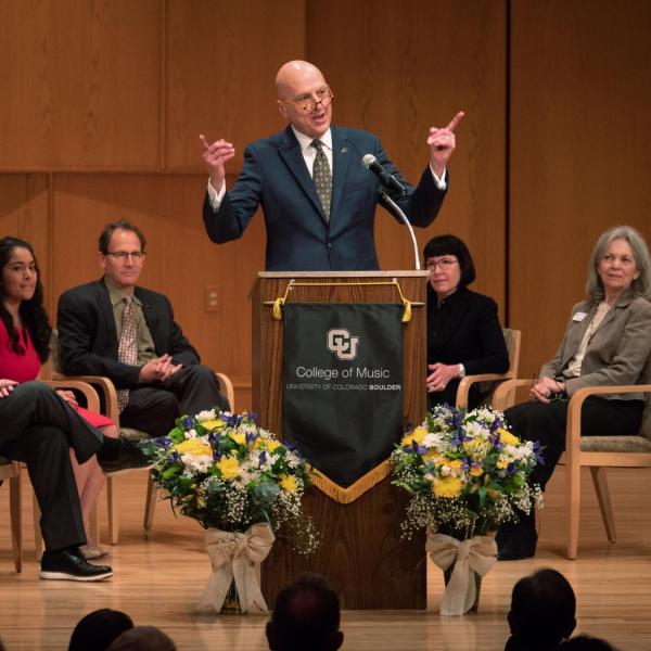 College of Music Dean Robert Shay speaks during the College of Music groundbreaking ceremony. Photo by Glenn Asakawa.