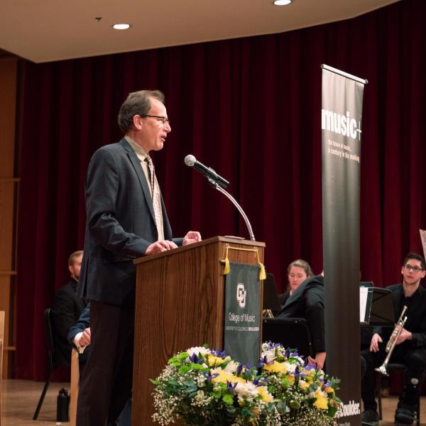 Daivd Korevaar, College of Music piano professor, speaks during the College of Music groundbreaking ceremony. Photo by Glenn Asakawa.