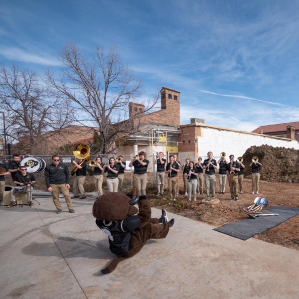Chip entertains outside of the Imig Music building during the CU College of Music groundbreaking ceremony for the expansion of their building. Photo by Glenn Asakawa.