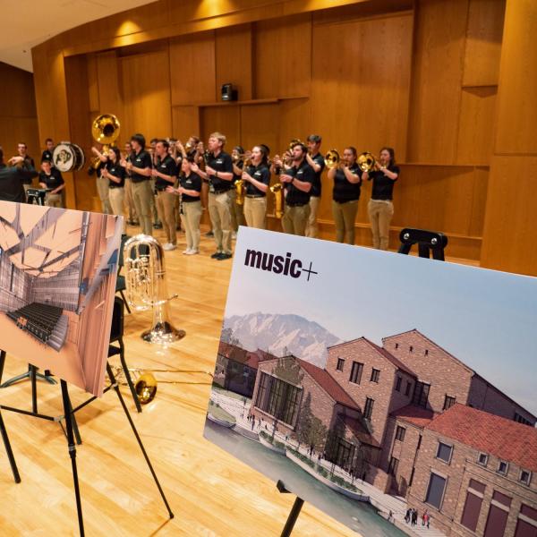 CU basketball pep band performs in Grusin Hall during the CU College of Music groundbreaking ceremony. Photo by Glenn Asakawa.