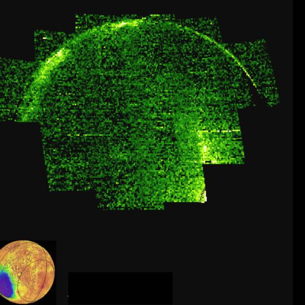 Image 1: This image of the Mars night side shows ultraviolet emission from nitric oxide. The emission is shown in false color with black as low values, green as medium and white as high. These emissions track the recombination of atomic nitrogen and oxygen produced on the dayside, and reveal the circulation patterns of the atmosphere.