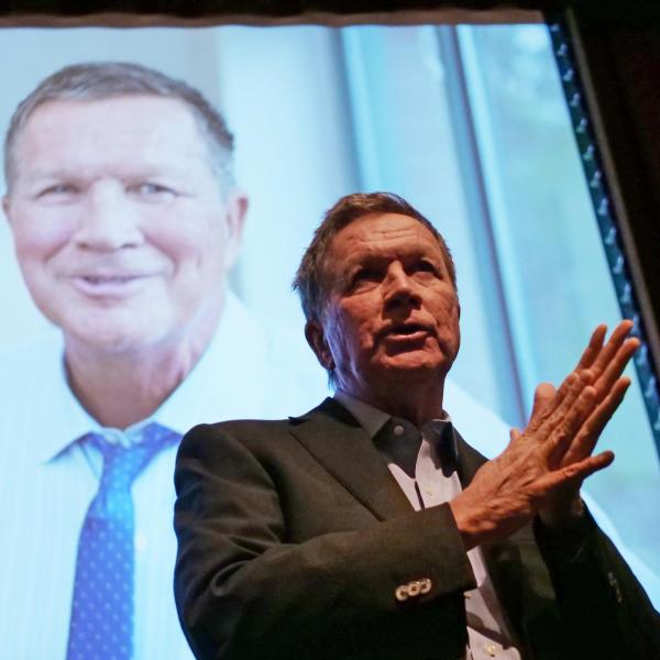 Former Ohio Gov. John Kasich speaks at Macky Auditorium on Thursday, Oct. 24, at an event hosted by the student-led Cultural Events Board. (Photo by Casey Cass/University of Colorado)
