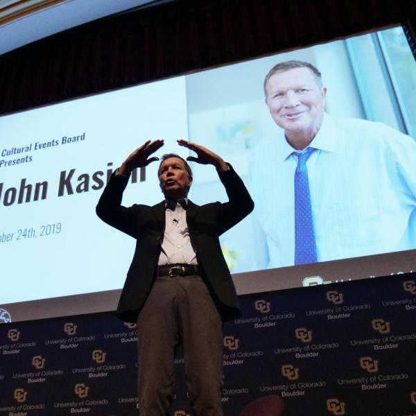 Former Ohio Gov. John Kasich speaks at Macky Auditorium on Thursday, Oct. 24, at an event hosted by the student-led Cultural Events Board. (Photo by Casey Cass/University of Colorado)