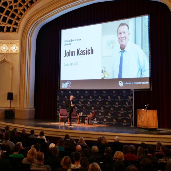 Former Ohio Gov. John Kasich speaks at Macky Auditorium on Thursday, Oct. 24, at an event hosted by the student-led Cultural Events Board. (Photo by Casey Cass/University of Colorado)