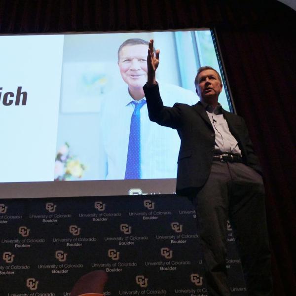Former Ohio Gov. John Kasich speaks at Macky Auditorium on Thursday, Oct. 24, at an event hosted by the student-led Cultural Events Board. (Photo by Casey Cass/University of Colorado)