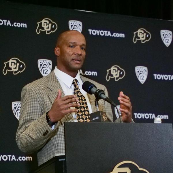 Karl Dorrell address the media during a press conference announcing him as the new head football coach at CU Boulder. (Photo by Casey A. Cass/University of Colorado)