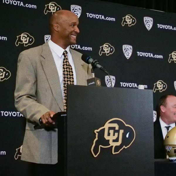 Karl Dorrell address the media during a press conference announcing him as the new head football coach at CU Boulder. (Photo by Casey A. Cass/University of Colorado)