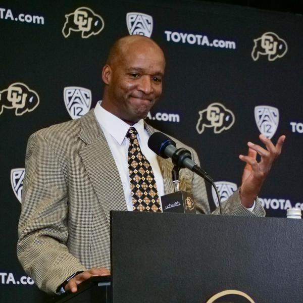 Karl Dorrell address the media during a press conference announcing him as the new head football coach at CU Boulder. (Photo by Casey A. Cass/University of Colorado)