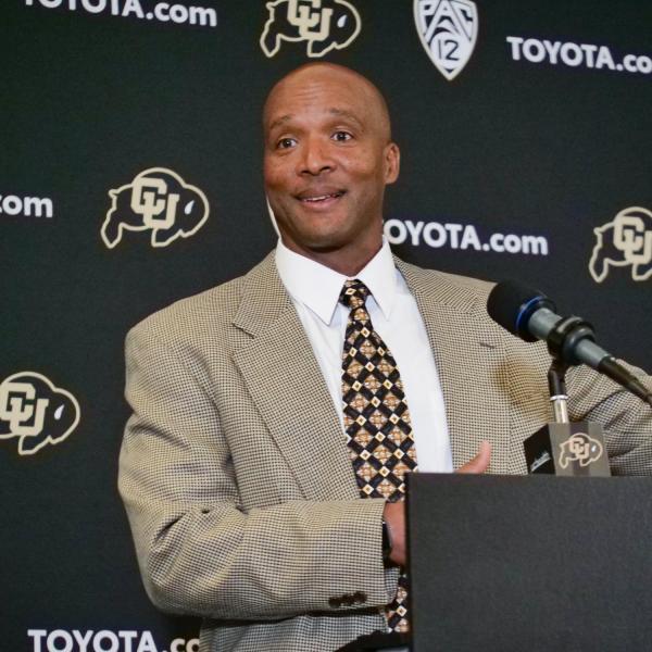 Karl Dorrell address the media during a press conference announcing him as the new head football coach at CU Boulder. (Photo by Casey A. Cass/University of Colorado)