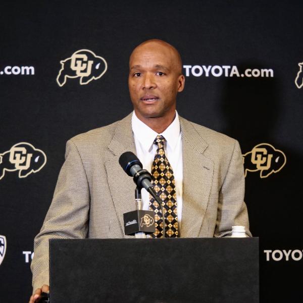 New CU football head coach Karl Dorrell speaks at an introductory press conference at the Dal Ward Center at Folsom Field. (Photo by Glenn Asakawa/University of Colorado)