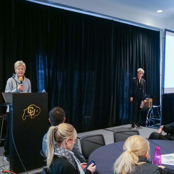 Kate Fagan is introduced during the 2020 Inclusive Sports Summit at CU Boulder. (Photo by Patrick Campbell/University of Colorado)