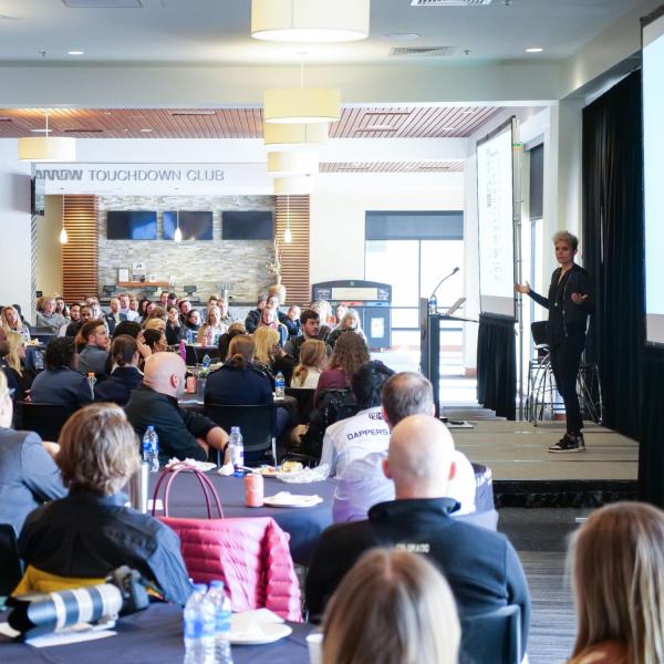 Kate Fagan speaks during the 2020 Inclusive Sports Summit at CU Boulder. (Photo by Patrick Campbell/University of Colorado)