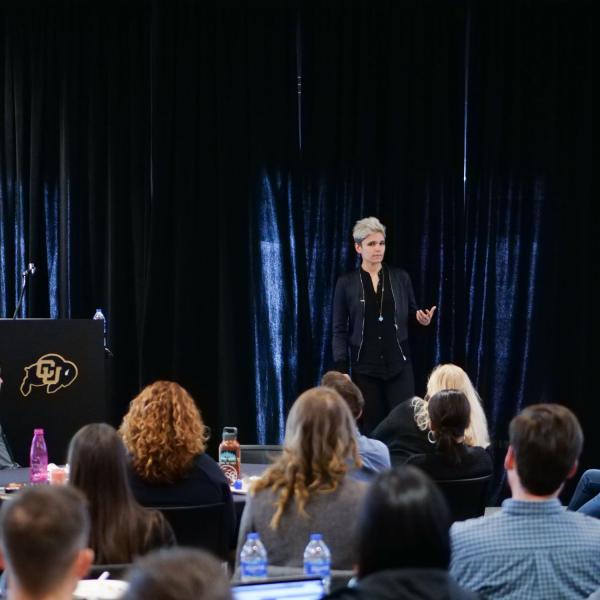 Kate Fagan speaks during the 2020 Inclusive Sports Summit at CU Boulder. (Photo by Patrick Campbell/University of Colorado)