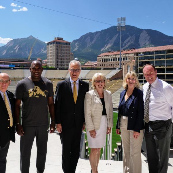 Group photo taken at the Champion Center during CU President Mark Kennedy's tour of campus. From left; Chancellor Phil DiStefano, CU football head coach Mel Tucker, CU President Mark Kennedy, CU First Lady Debbie Kennedy, CU Regent Sue Sharkey, and CU Athletic Director Rick George. (Photo by Glenn Asakawa/University of Colorado)