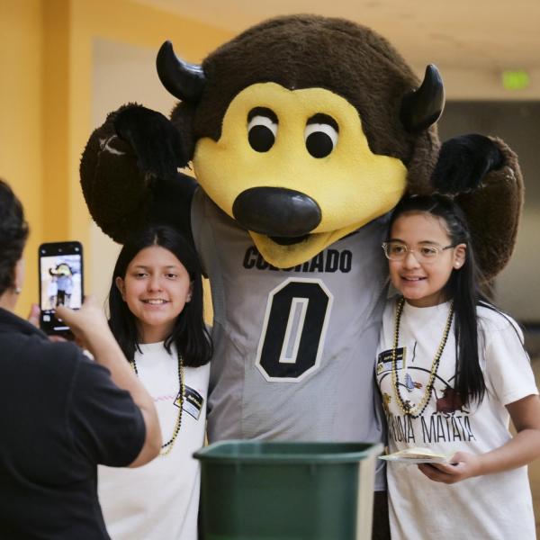 Fans take a photo with Chip at Campus Kids Day. (Photo by Casey A. Cass/University of Colorado)