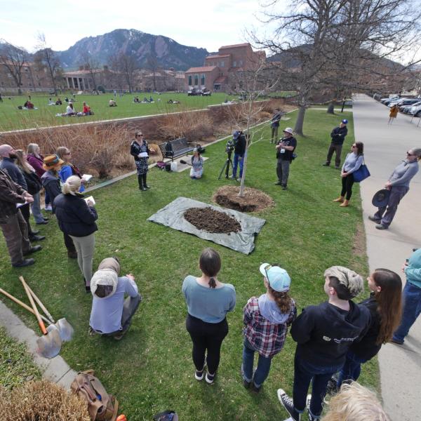 Dedication ceremony for a memorial tree in honor of the King Soopers shooting.