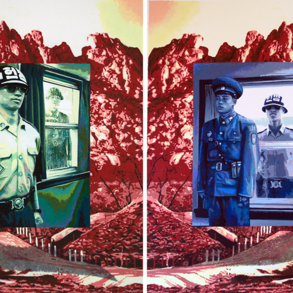 "The men featured in both images represent North and South Korea. They stand guard inside and outside of a Joint Security Area conference room, while only a thin pane of glass separates two men of once one country." Sandy Lane, Between You and Me, 2018.