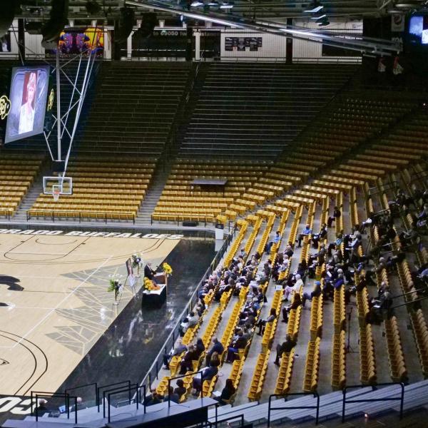 The memorial service for Teri Leiker was held April 9, 2021, at the CU Events Center. Leiker died March 22 at the King Soopers on Table Mesa Drive. (Casey Cass/CU Boulder)
