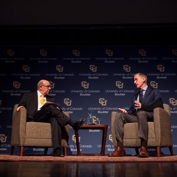 Chancellor Phil DiStefano and Stanley McChrystal speak as part of the Leo Hill Leadership Speaker Series.