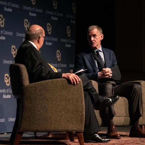 Chancellor Phil DiStefano and Stanley McChrystal speak as part of the Leo Hill Leadership Speaker Series.