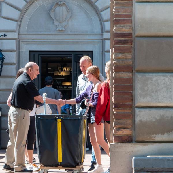 Chancellor Philip DiStefano greets new students and families during move-in