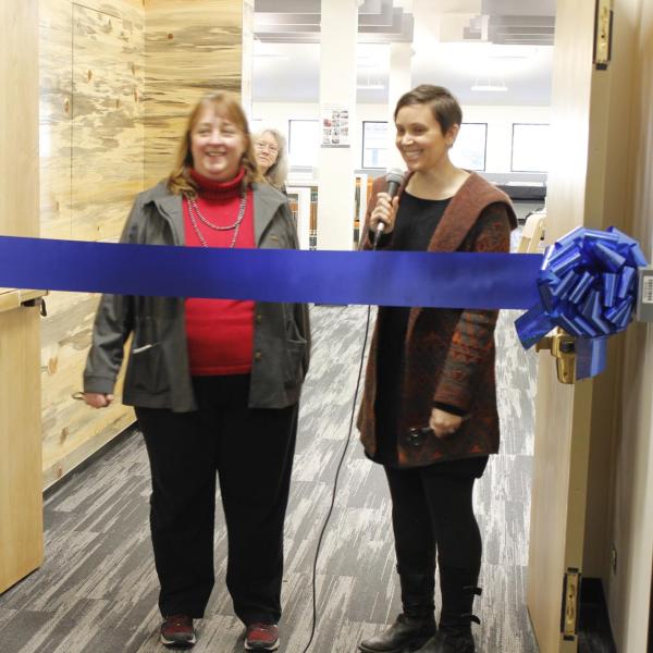 Head of the Music Library, Stephanie Bonjack, speaks at ribbon-cutting for the library's grand reopening. Photo courtesy of University Libraries.