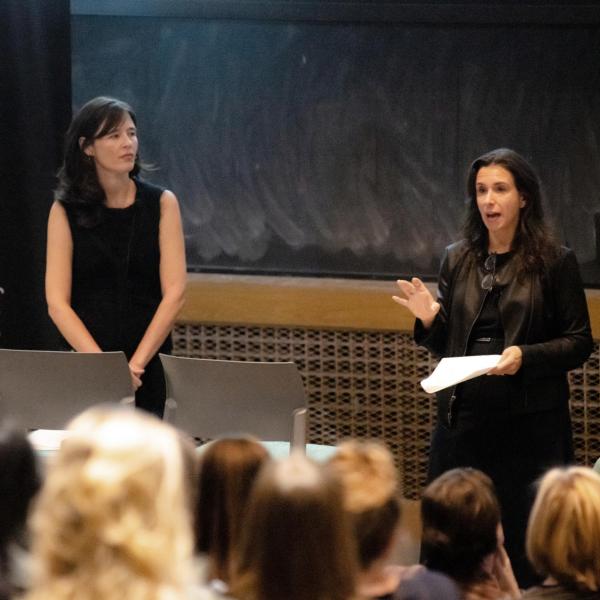 NYT reporters Megan Twohey, left, and Jodi Kantor, right, speak at MATH 100 during their visit to the CU Boulder campus on Monday, Oct. 21. (Photo by Patrick Wine/University of Colorado)