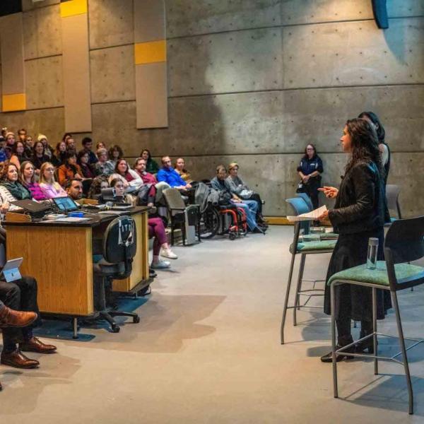 NYT reporters Megan Twohey and Jodi Kantor, right, speak at MATH 100 during their visit to the CU Boulder campus on Monday, Oct. 21. (Photo by Patrick Wine/University of Colorado)