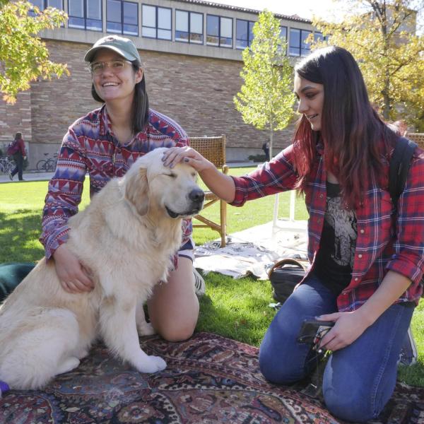 Students pet dog at the first-ever CU Boulder dog café
