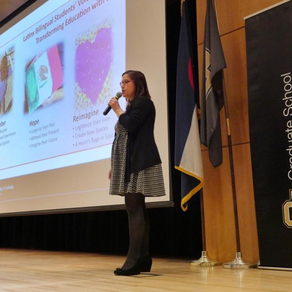 Paty Abril-Gonzalez (Holt) giving her first-place award-winning speech during the Three Minute Thesis Competition. Photo by Casey A. Cass.