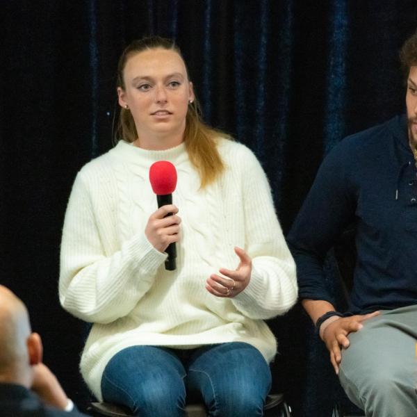 Elinor Wolf, left, speaks during the 2020 Inclusive Sports Summit morning keynote address at CU Boulder. (Photo by Patrick Wine/University of Colorado)
