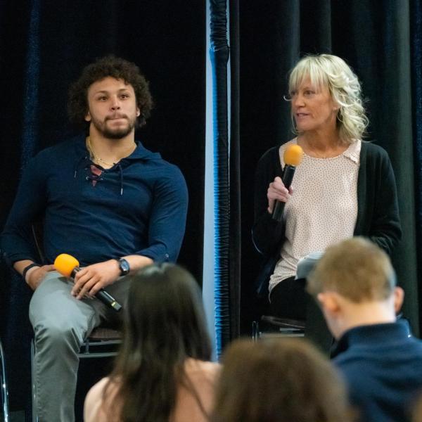 Michele Brannigan, CU Athletics associate director, right, speaks during the 2020 Inclusive Sports Summit morning keynote address at CU Boulder. (Photo by Patrick Wine/University of Colorado)