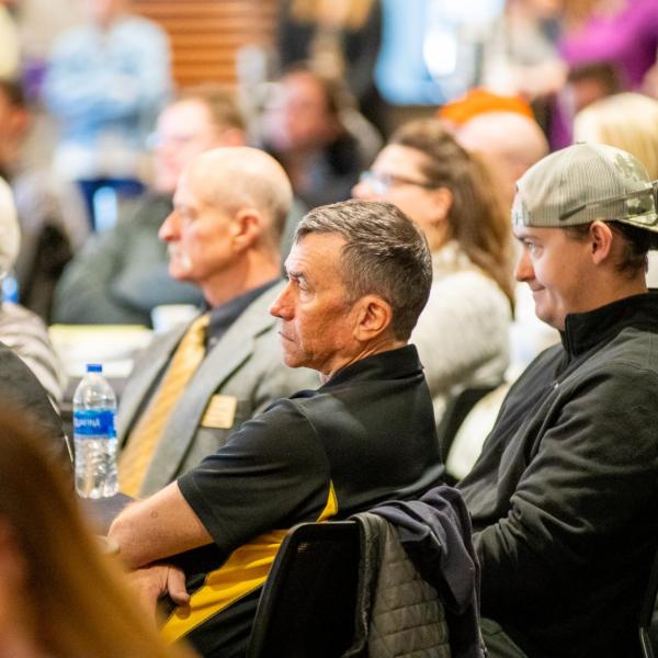 Attendees listen to the 2020 Inclusive Sports Summit morning keynote address at CU Boulder. (Photo by Patrick Wine/University of Colorado)