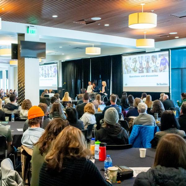 Attendees listen to the 2020 Inclusive Sports Summit morning keynote address at CU Boulder. (Photo by Patrick Wine/University of Colorado)