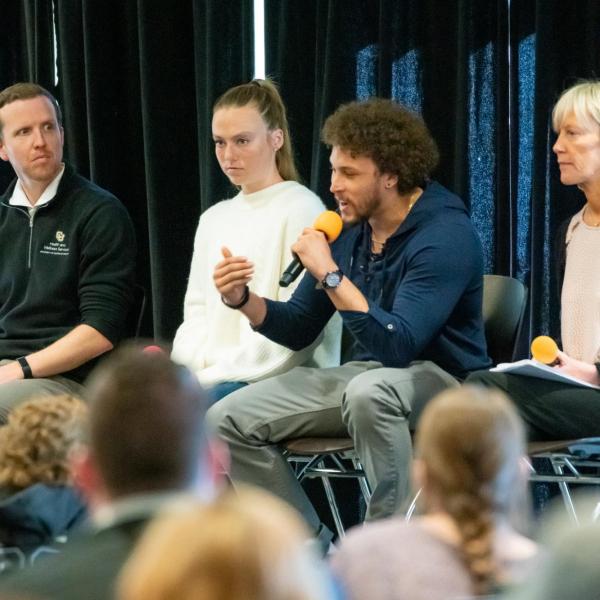 Phillip Lindsay speaks during the 2020 Inclusive Sports Summit morning keynote address at CU Boulder. (Photo by Patrick Wine/University of Colorado)