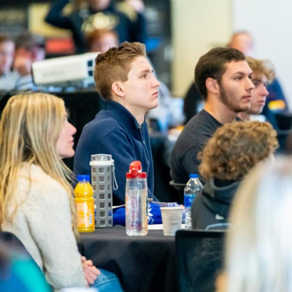 Attendees listen to the 2020 Inclusive Sports Summit morning keynote address at CU Boulder. (Photo by Patrick Wine/University of Colorado)