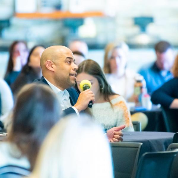 Attendees listen to the 2020 Inclusive Sports Summit morning keynote address at CU Boulder. (Photo by Patrick Wine/University of Colorado)