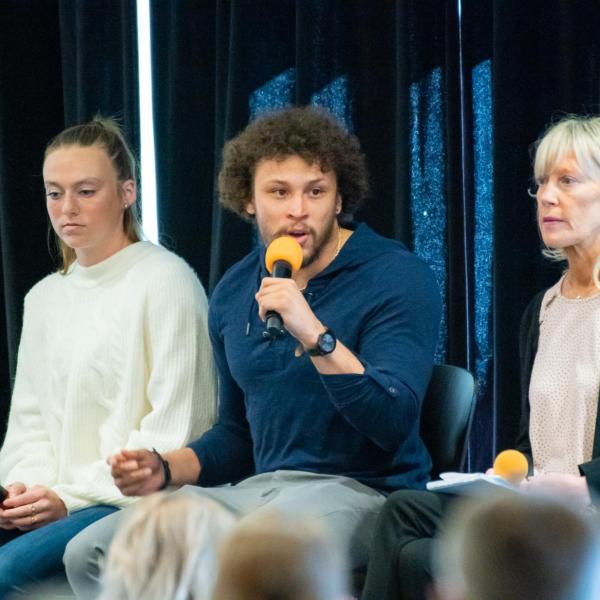 Phillip Lindsay speaks during the 2020 Inclusive Sports Summit morning keynote address at CU Boulder. (Photo by Patrick Wine/University of Colorado)